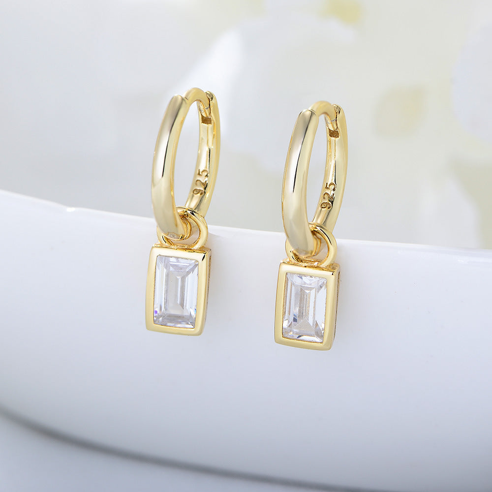925 Sterling Silver Geometric Square Hoop Earrings, Zirconia Drop Studs
