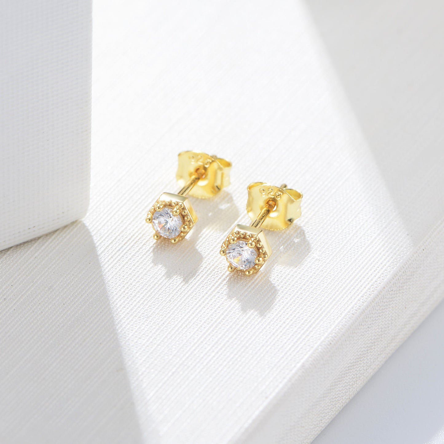 925 Sterling Silver Geometric Hexagon Stud Earrings, Minimalist Solitaire Jewelry