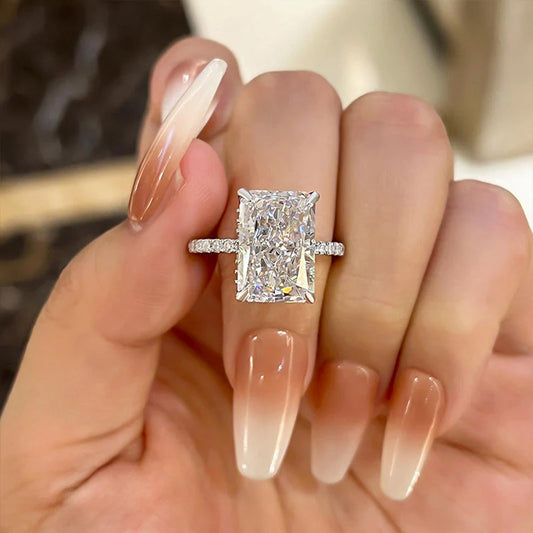 925 Sterling Silver 3.5 Carat Ice-Crushed Carbon Diamond Ring, 710mm Radiant Cut Luxury Jewelry