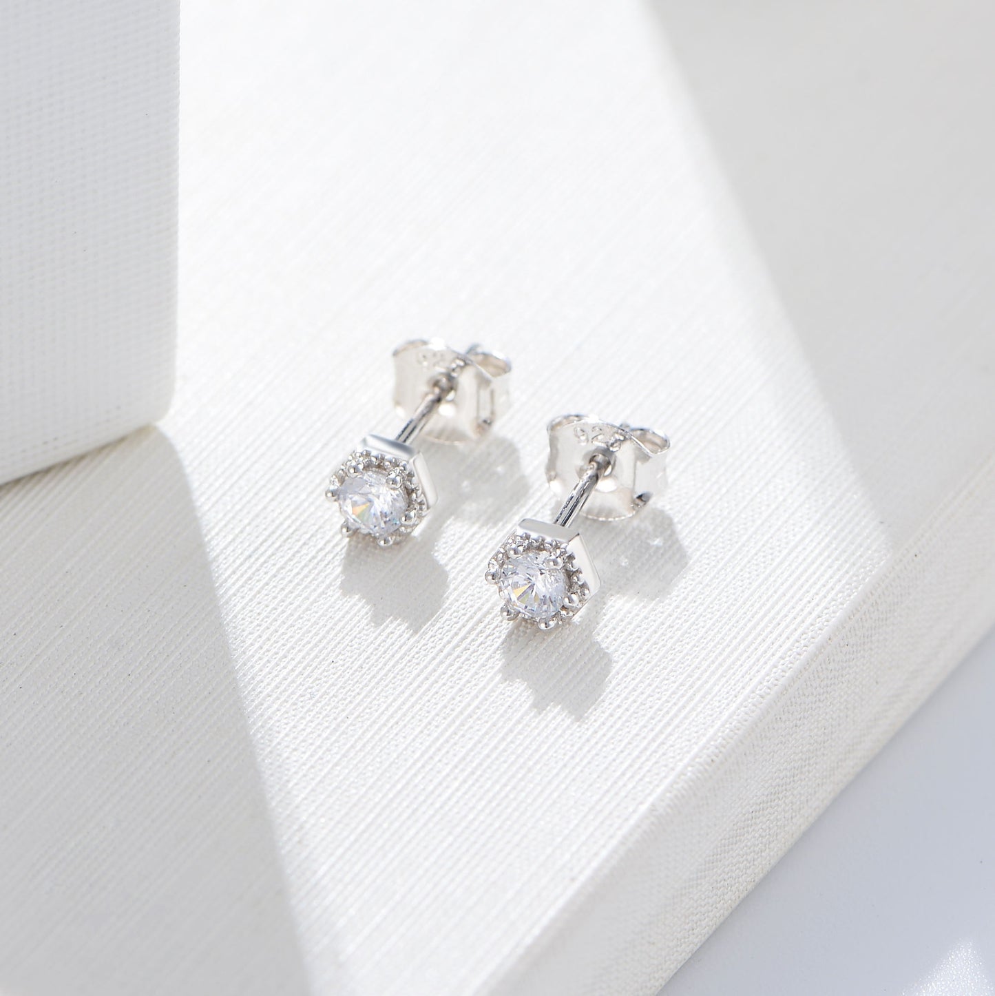925 Sterling Silver Geometric Hexagon Stud Earrings, Minimalist Solitaire Jewelry
