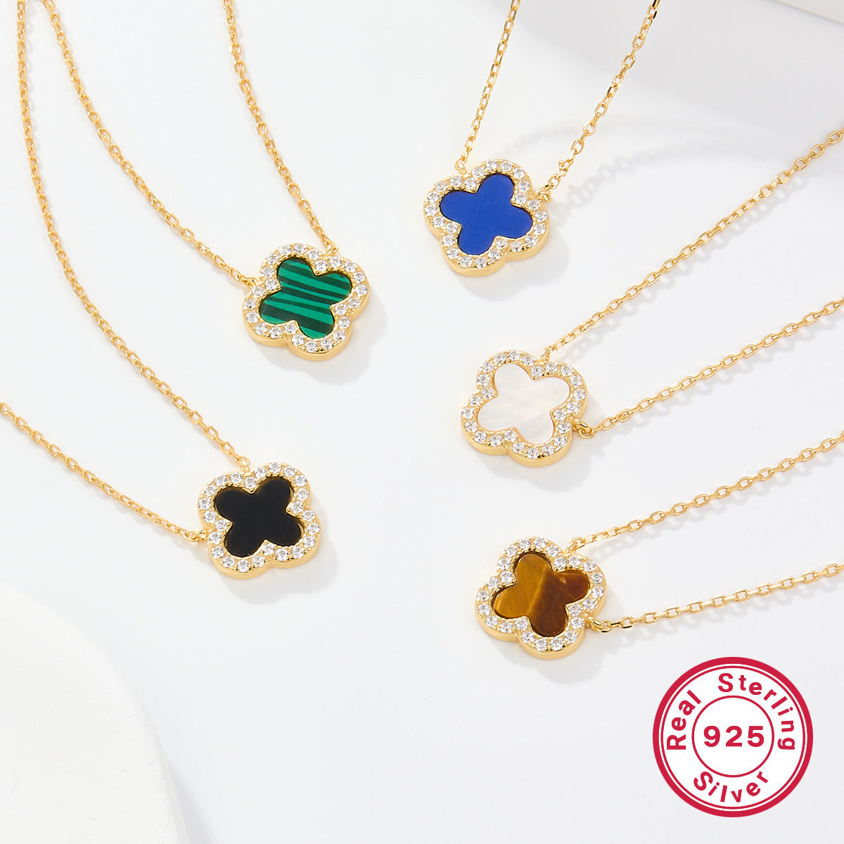 925 Sterling Silver Four-Leaf Clover Necklace | Zircon Inlaid Light Luxury Clavicle Chain for Women, Cross-Border Wholesale