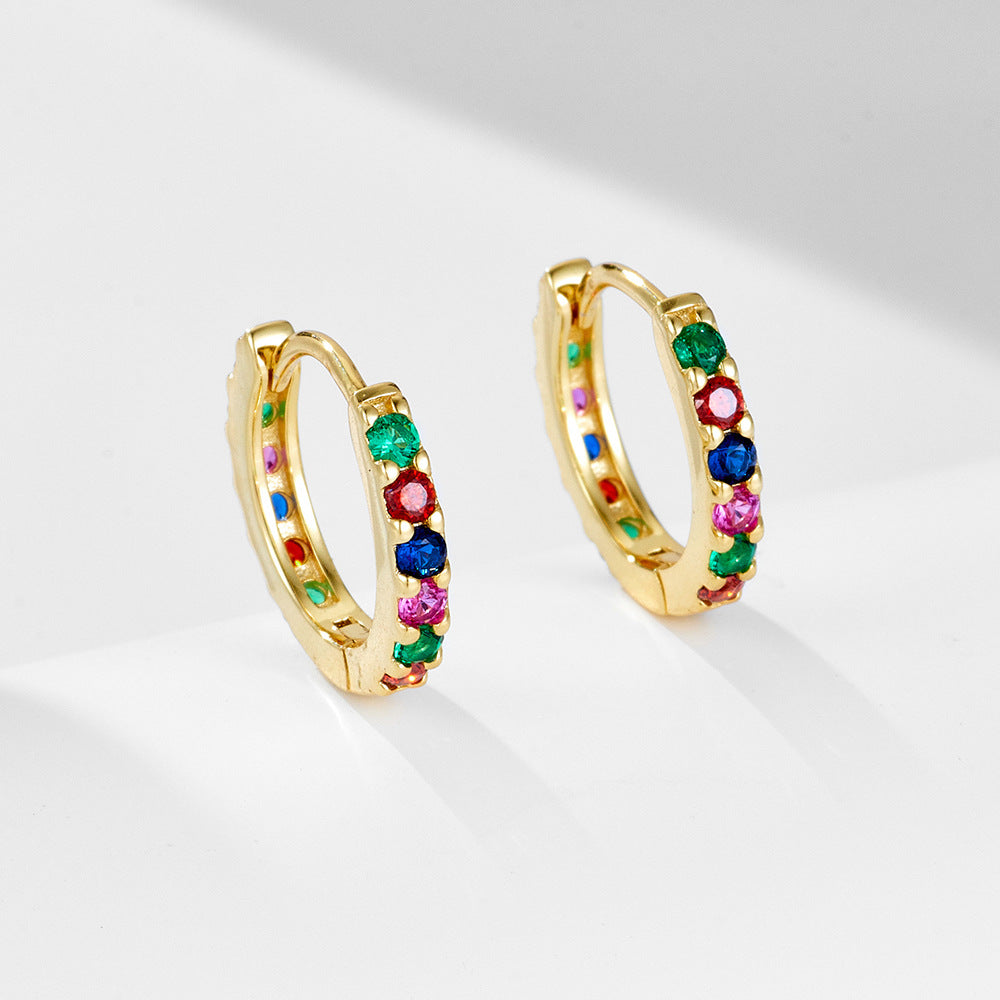 925 Sterling Silver Rainbow Zirconia Huggie Hoop Earrings
