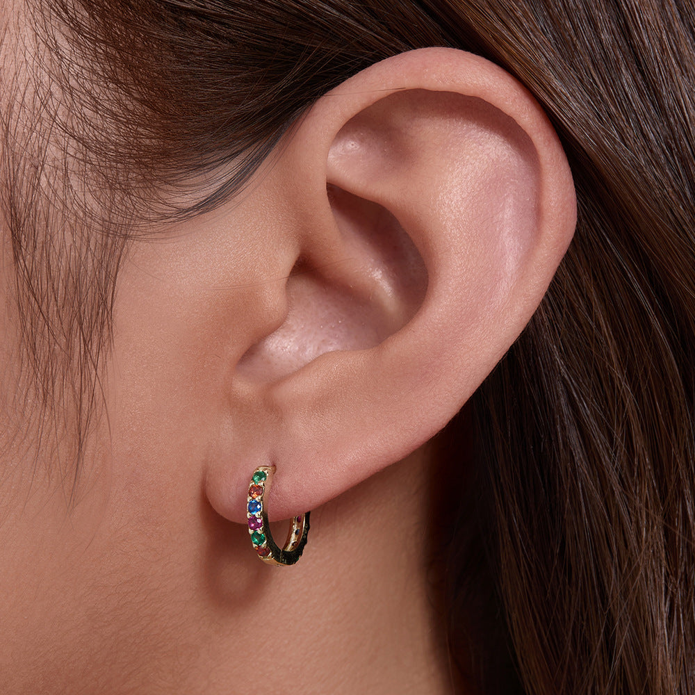 925 Sterling Silver Rainbow Zirconia Huggie Hoop Earrings