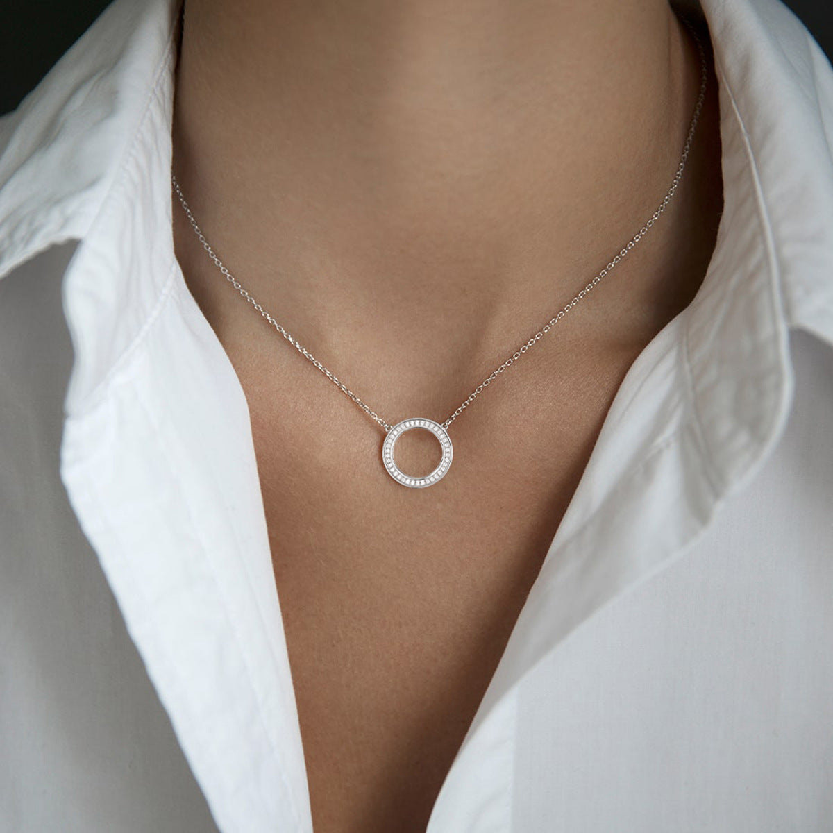 Zircon Circle Necklace Set - 925 Silver Geometric Layered Jewelry