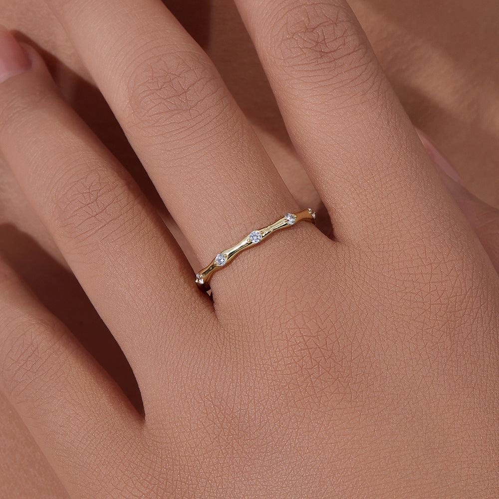 925 Sterling Silver Geometric Bamboo Joint Ring, Minimalist Zirconia High-End Jewelry