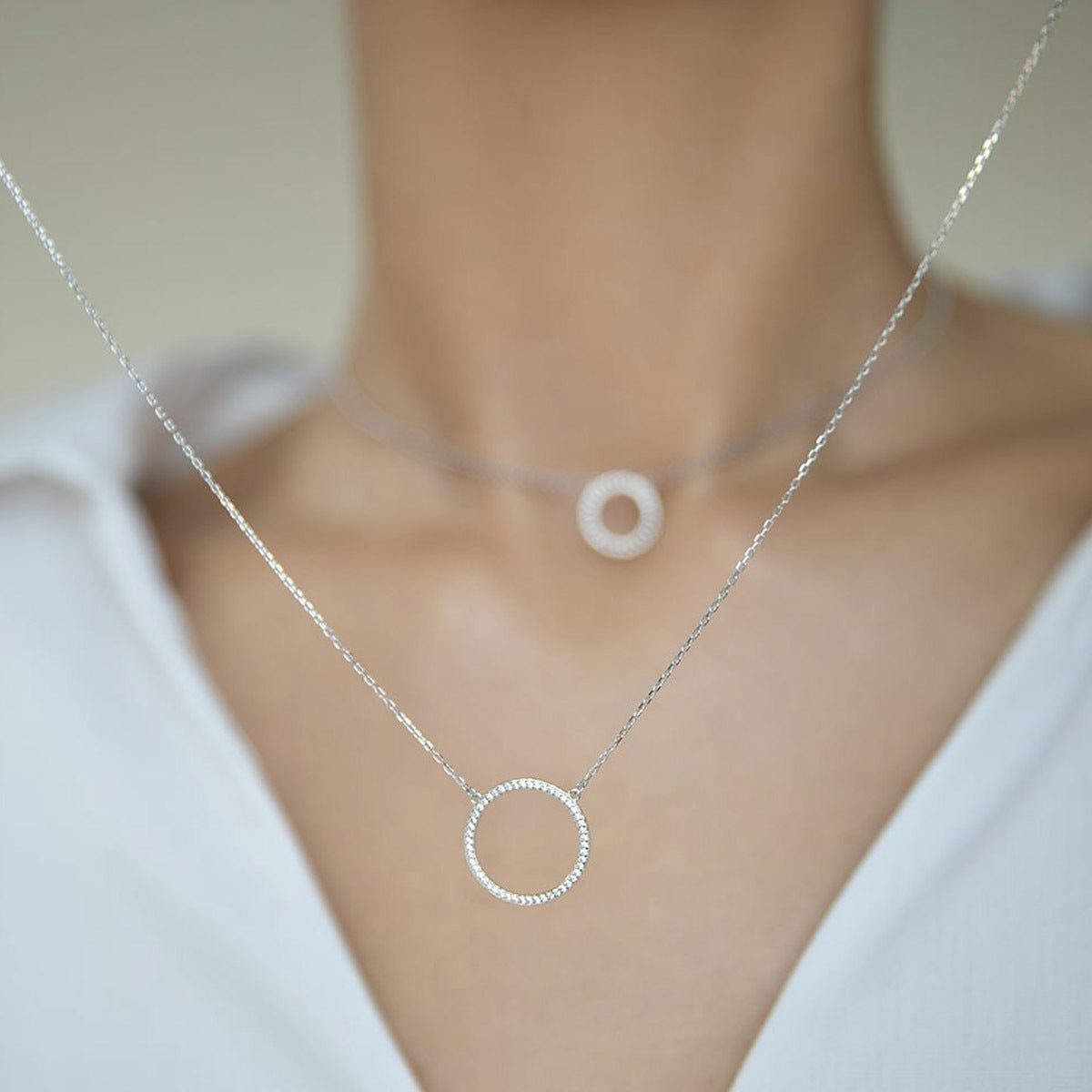 Zircon Circle Necklace Set - 925 Silver Geometric Layered Jewelry