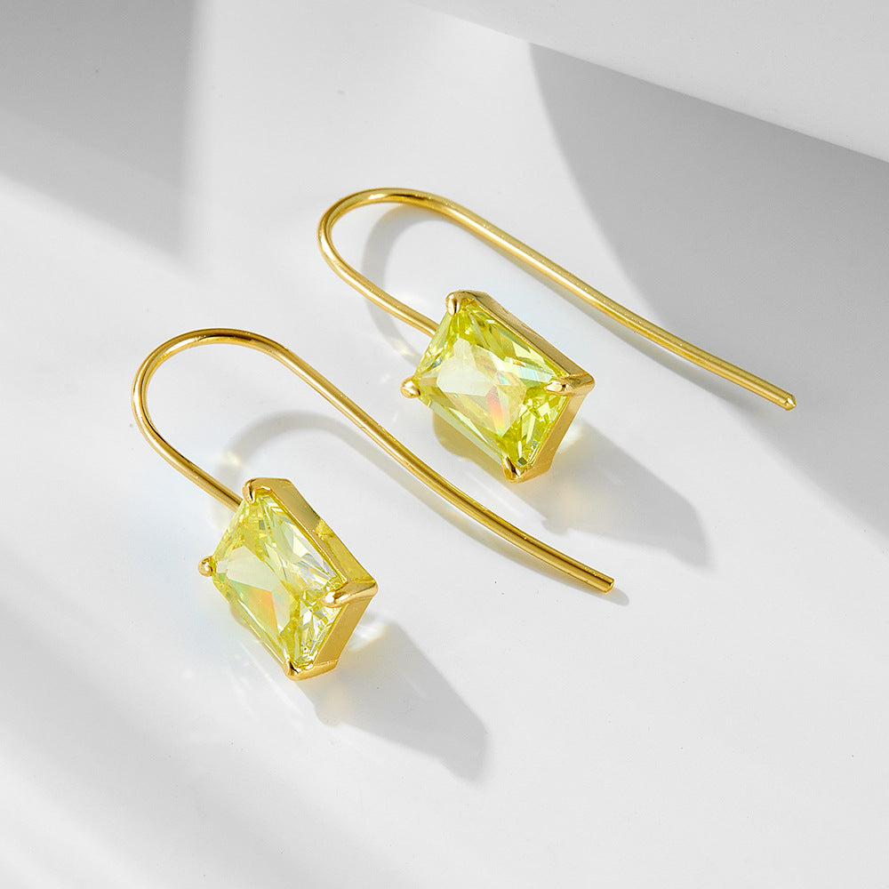 925 Sterling Silver Colorful Square Zirconia Drop Earrings, High-End Light Luxury Classic Jewelry