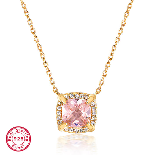 S925 Pink Square Zircon Necklace Set | Dainty Women's Jewelry