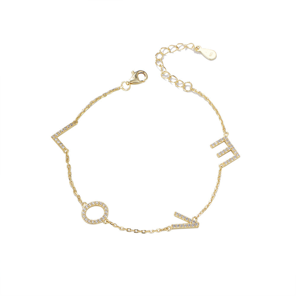 925 Sterling Silver LOVE Letter Bracelet, Sparkling Zirconia Jewelry