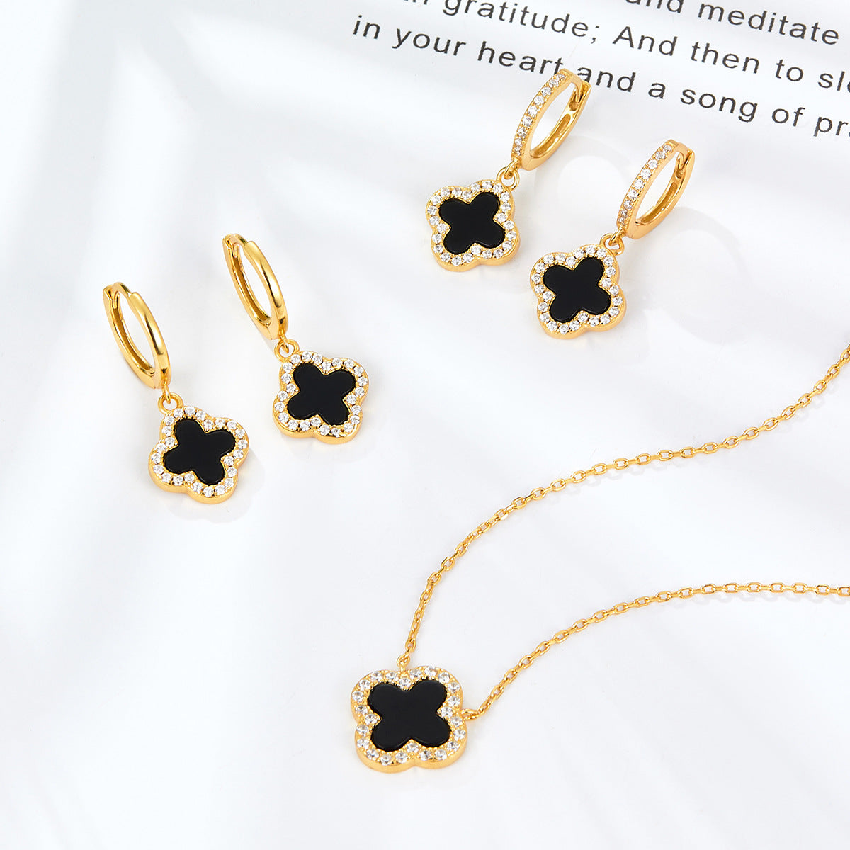 Four Leaf Clover Necklace & Earrings Set - Sterling Silver Black Agate Jewelry Gift