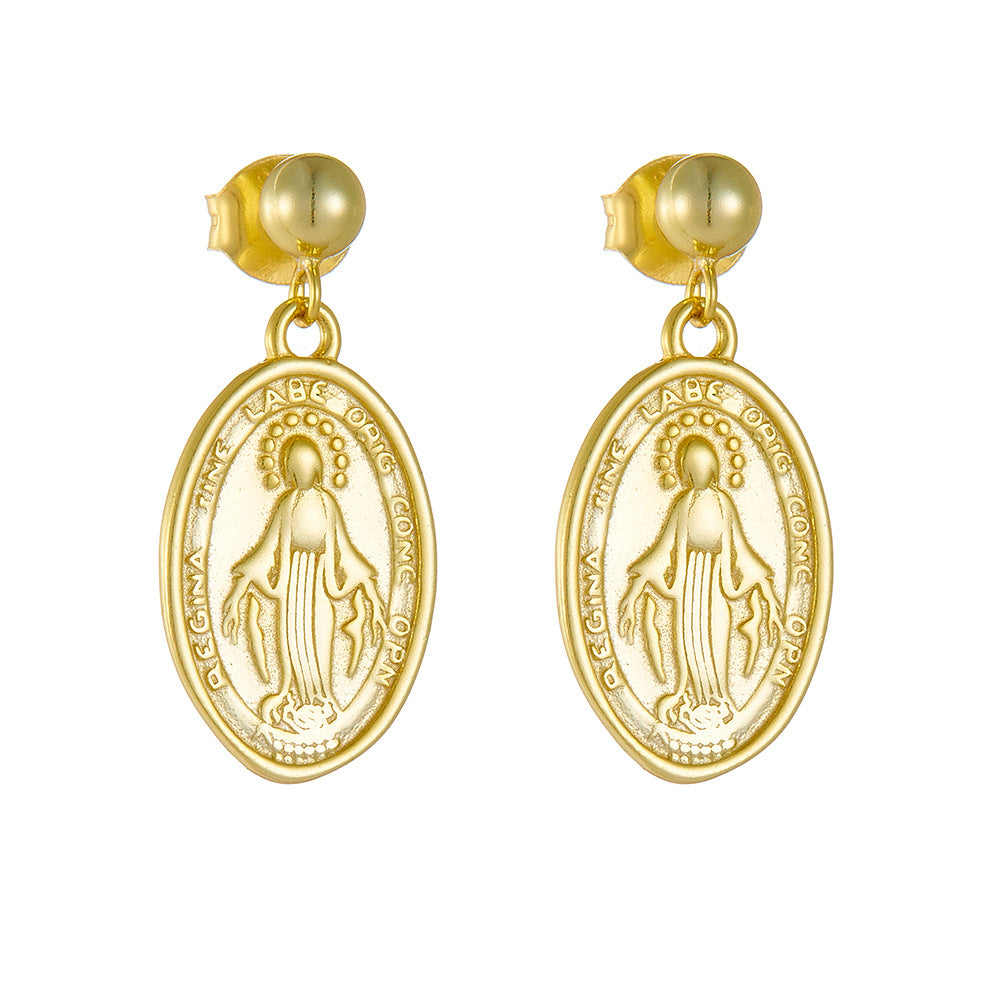 S925 Silver Retro Virgin Mary Portrait Earrings - Elegant Oval Relief Studs