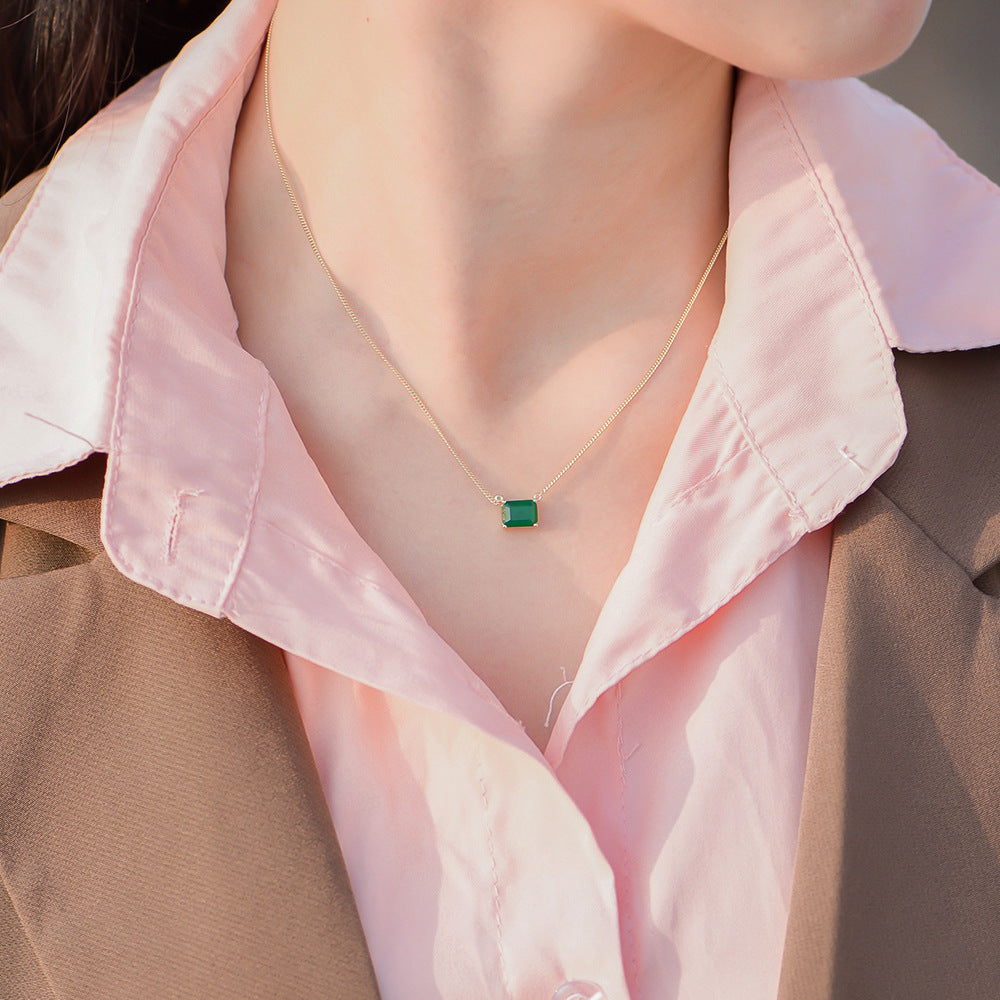 925 Sterling Silver Square Emerald Zirconia Necklace, Minimalist High-End Design Jewelry