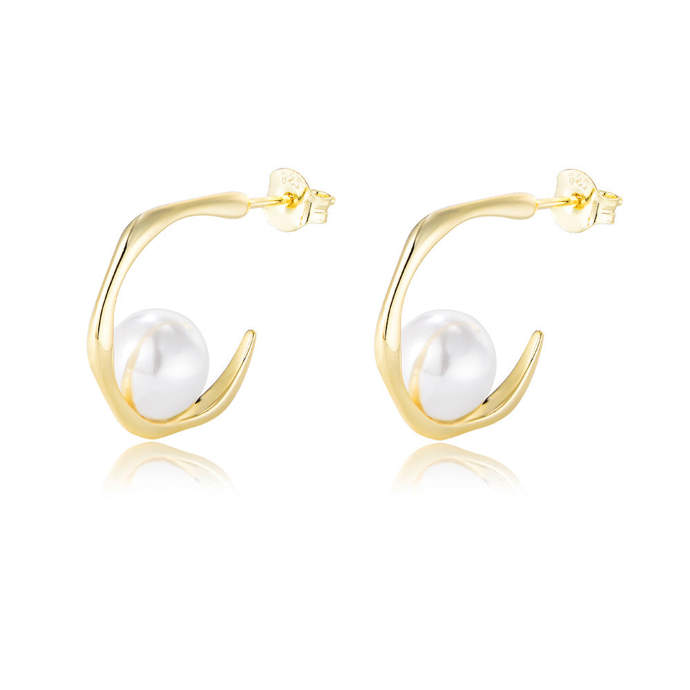 925 Sterling Silver Geometric C-Shape Shell Pearl Stud Earrings, Minimalist Jewelry