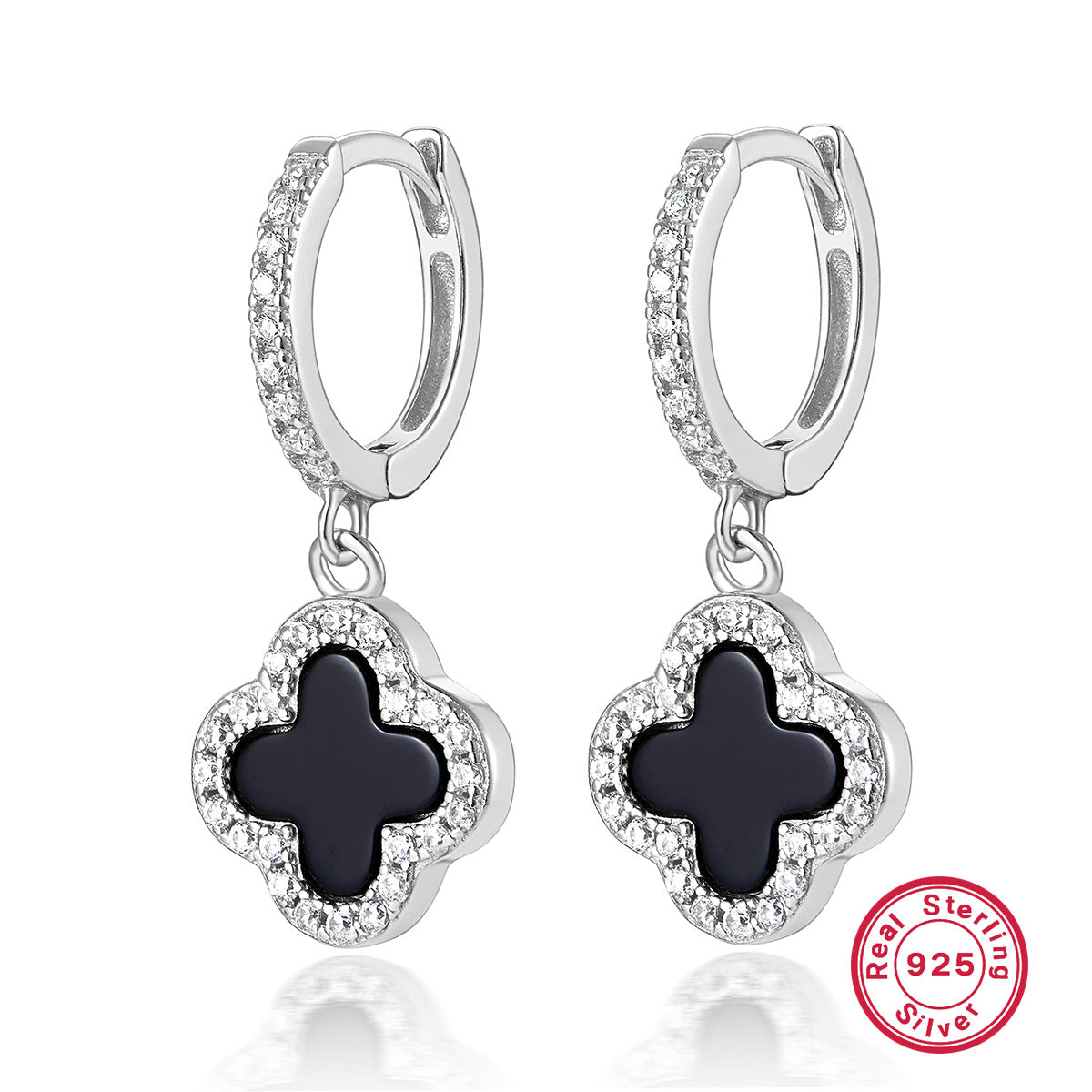 Four Leaf Clover Necklace & Earrings Set - Sterling Silver Black Agate Jewelry Gift