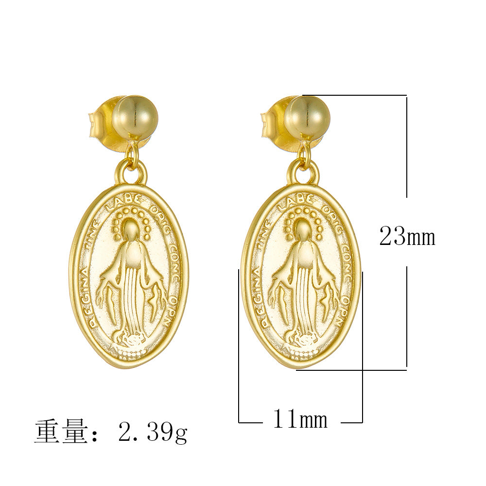 S925 Silver Retro Virgin Mary Portrait Earrings - Elegant Oval Relief Studs