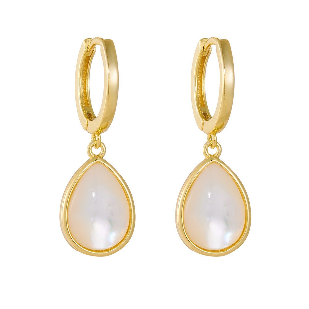 925 Sterling Silver Teardrop Natural White Shell Earrings, Minimalist High-End Dangle Jewelry