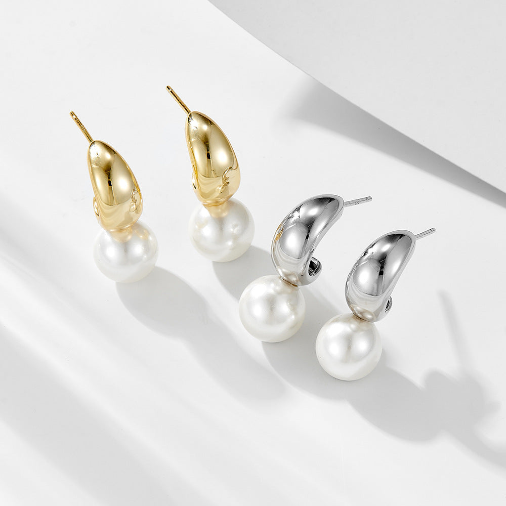 Sterling Silver Unique C-Shape Pearl Studs for Women, Luxury Vintage Ins Style