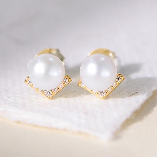 925 Sterling Silver V-Shape Zirconia & Natural Pearl Stud Earrings, French Vintage Romantic Jewelry