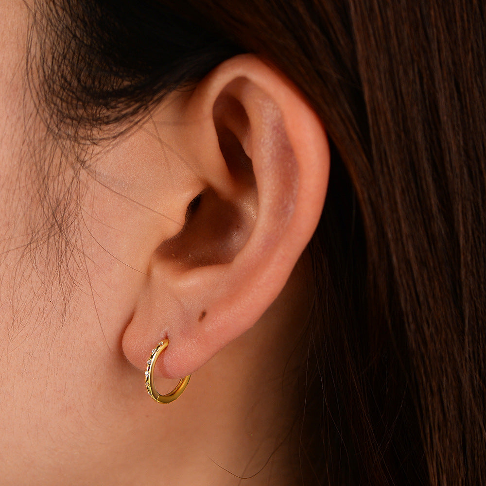 925 Sterling Silver Geometric Pave Zirconia Huggie Earrings, Minimalist High-End Jewelry