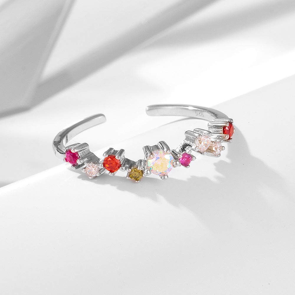 925 Sterling Silver Colorful Zirconia Open Ring, Light Luxury Romantic Ins Style Adjustable Jewelry