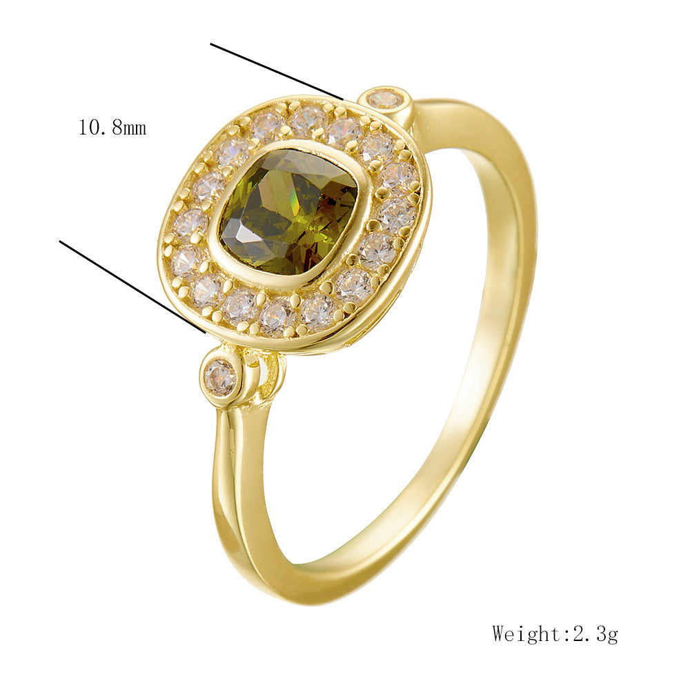 925 Sterling Silver Oval Olive Green Zirconia Ring, Vintage High-End Jewelry