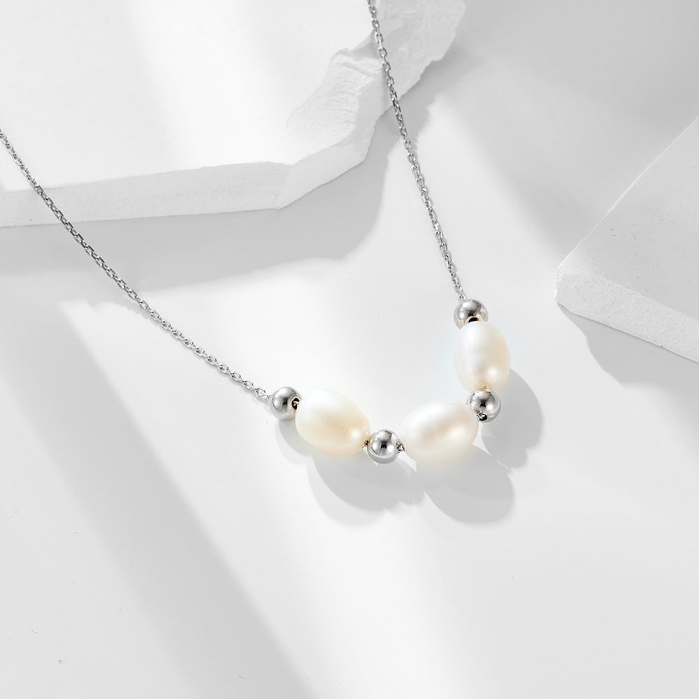 925 Sterling Silver Natural Freshwater Pearl Necklace, Elegant French Vintage Jewelry