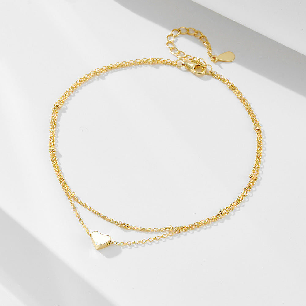 925 Sterling Silver Double Layer Heart Pendant Anklet, Gold Plated Fashion Jewelry