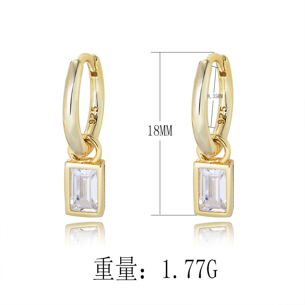 925 Sterling Silver Geometric Square Hoop Earrings, Zirconia Drop Studs