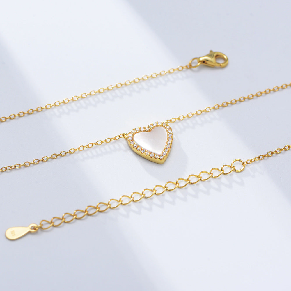925 Sterling Silver Heart Shell Pendant Necklace, Sparkling Zirconia Jewelry