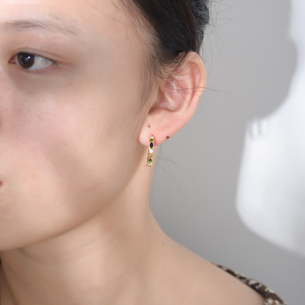 Elegant S925 Silver Rainbow C-Hoops - Chic Aesthetic Colored Zircon Earrings, Modern Luxury Geometric Studs