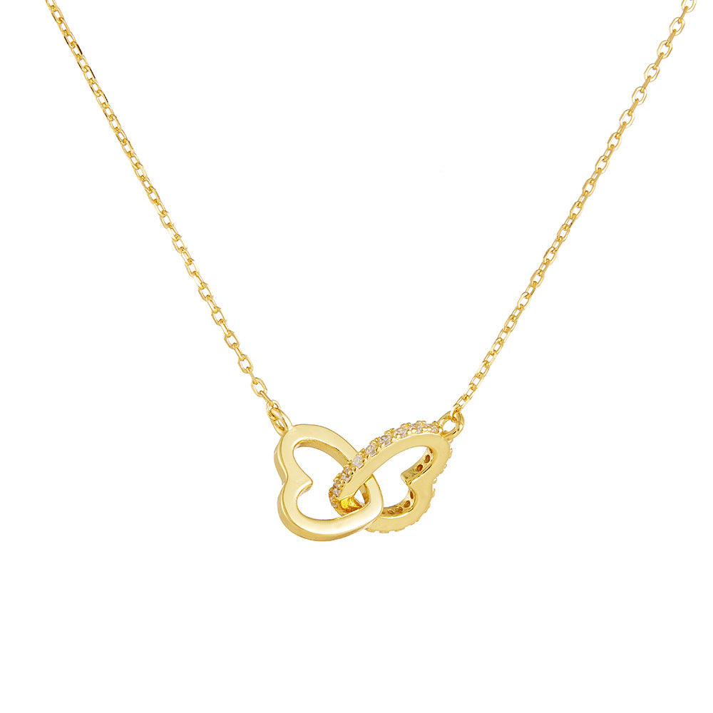 925 Sterling Silver Interlocking Heart Pave Zirconia Necklace, Minimalist High-End Jewelry