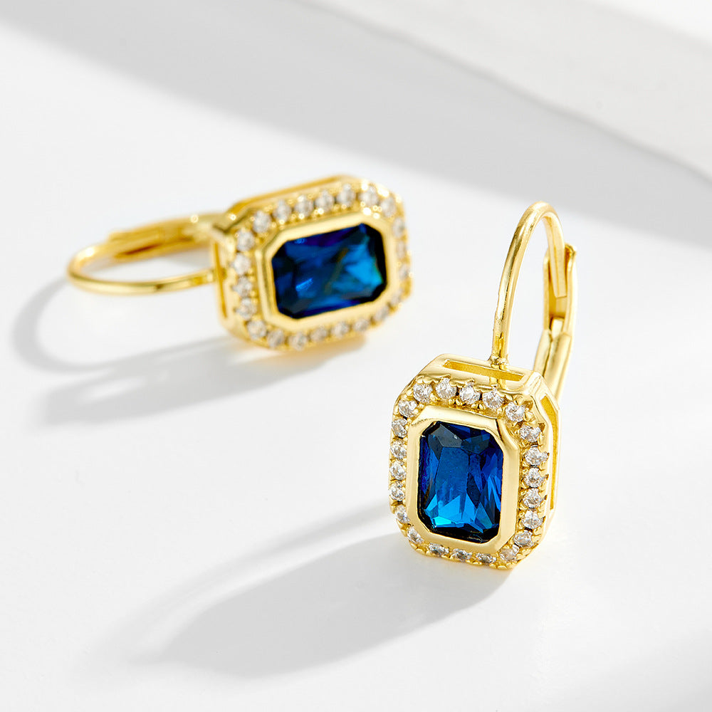 925 Sterling Silver 14K Gold Plated Square Zirconia Earrings, French Vintage Style High-End Luxury Jewelry