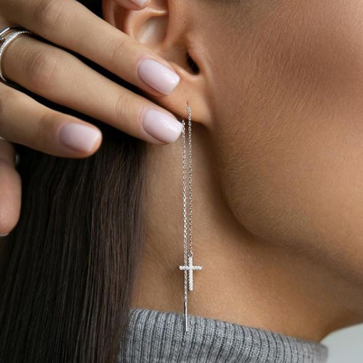 Cross Ear Threads - S925 Silver Micro Zircon Long Drop European Jewelry