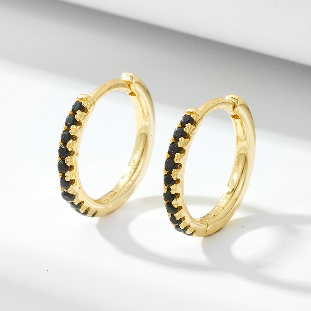 925 Sterling Silver Micro-Pave Black Zirconia Round Hoop Earrings, Minimalist Geometric Jewelry