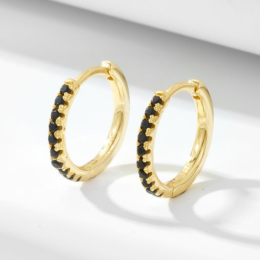 925 Sterling Silver Micro-Pave Black Zirconia Round Hoop Earrings, Minimalist Geometric Jewelry