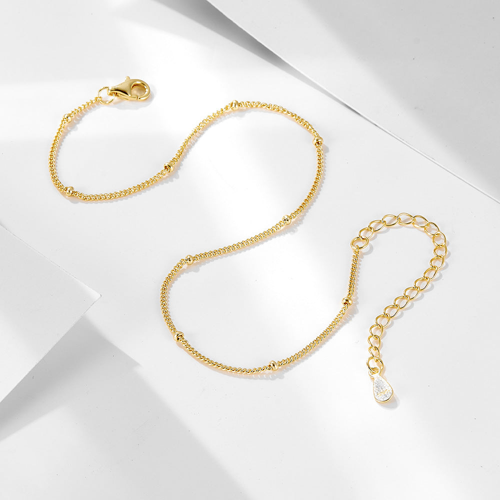 925 Sterling Silver 14K Gold Plated Tiny Bead Anklet, Retro Classic Minimalist Foot Jewelry