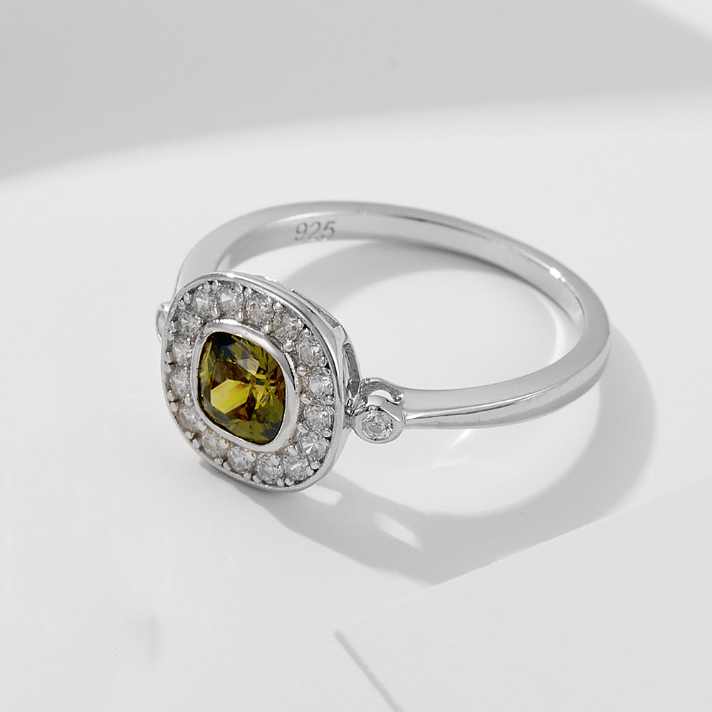 925 Sterling Silver Oval Olive Green Zirconia Ring, Vintage High-End Jewelry