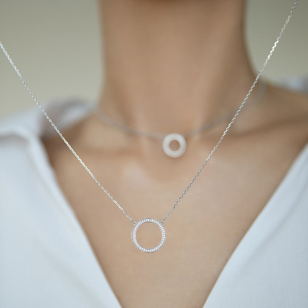 Zircon Circle Necklace Set - 925 Silver Geometric Layered Jewelry