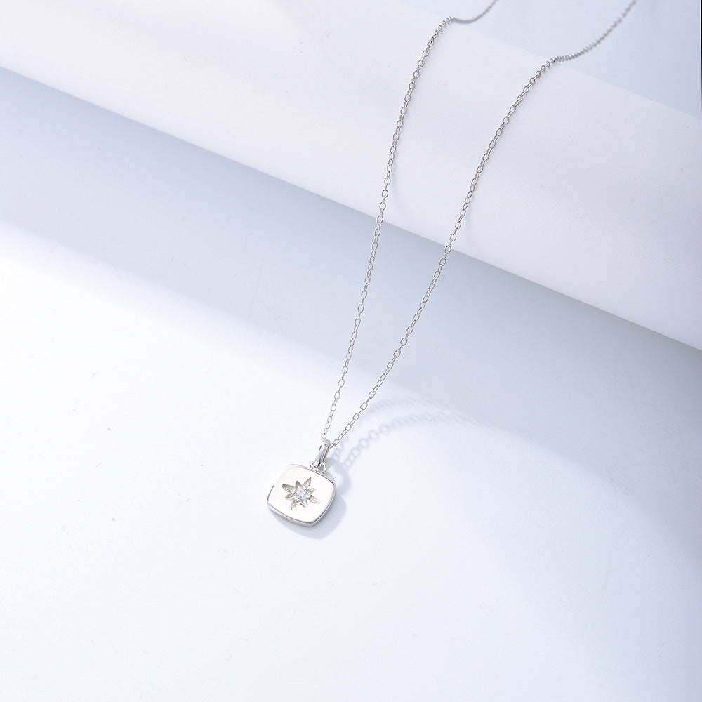 925 Sterling Silver Eight-Point Star Square Medallion Necklace, Zirconia Jewelry
