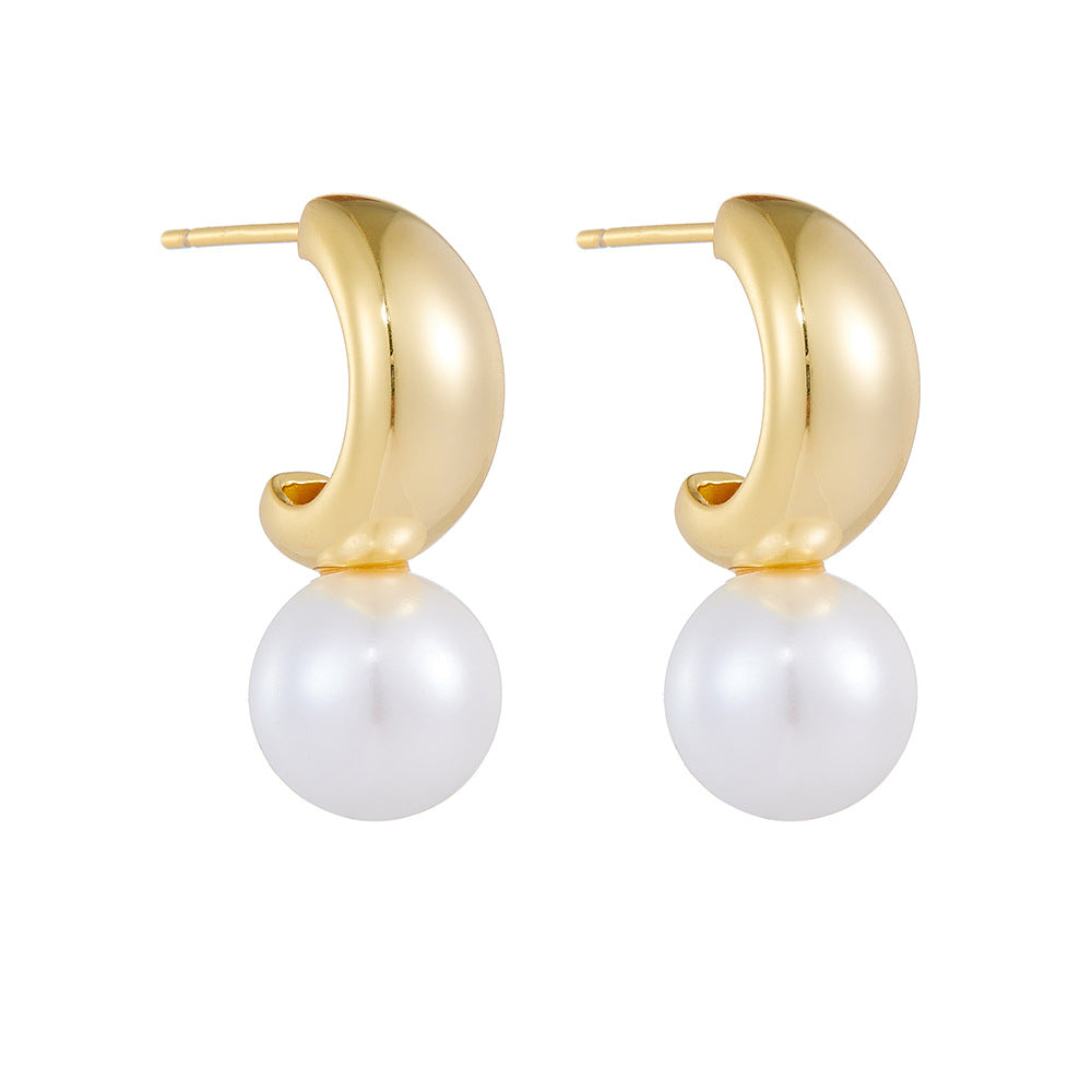 Sterling Silver Unique C-Shape Pearl Studs for Women, Luxury Vintage Ins Style
