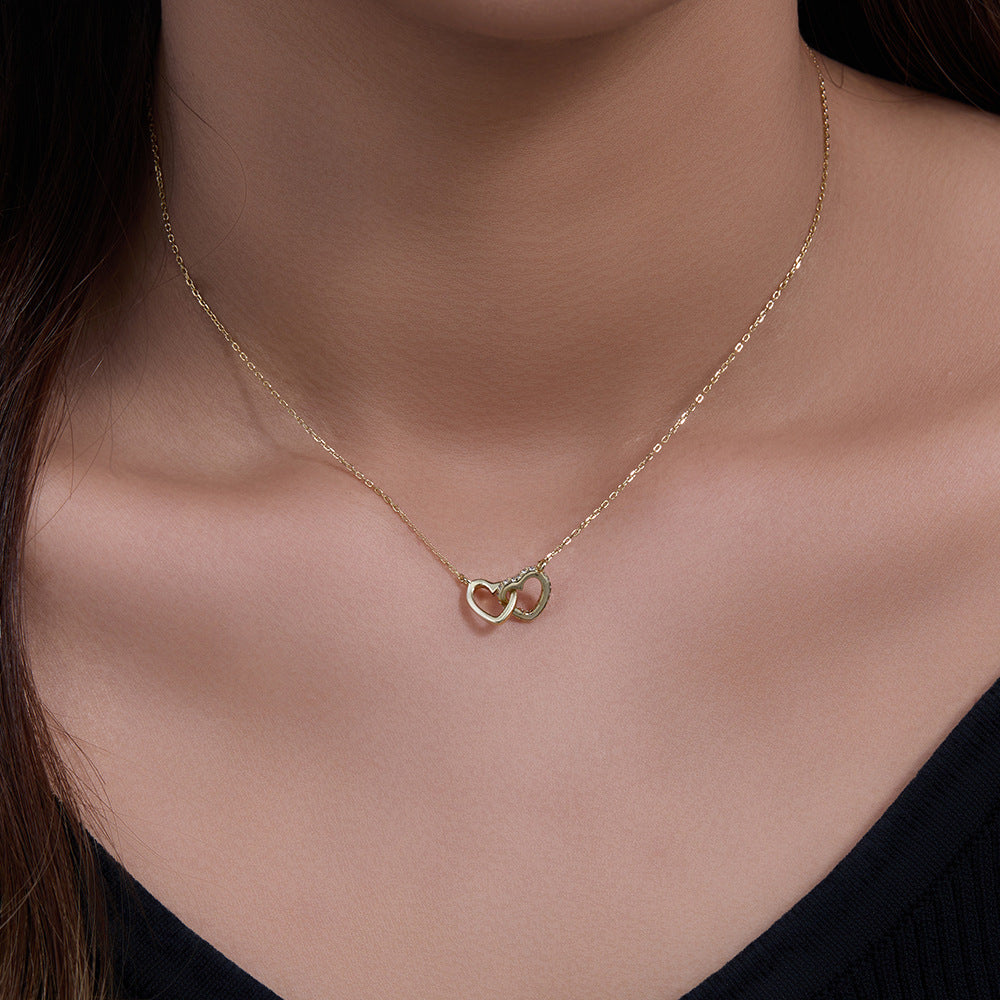 925 Sterling Silver Interlocking Heart Pave Zirconia Necklace, Minimalist High-End Jewelry