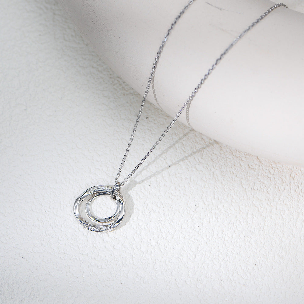 925 Sterling Silver Interlocking Double Circle Pave Zirconia Necklace, Vintage High-End Jewelry