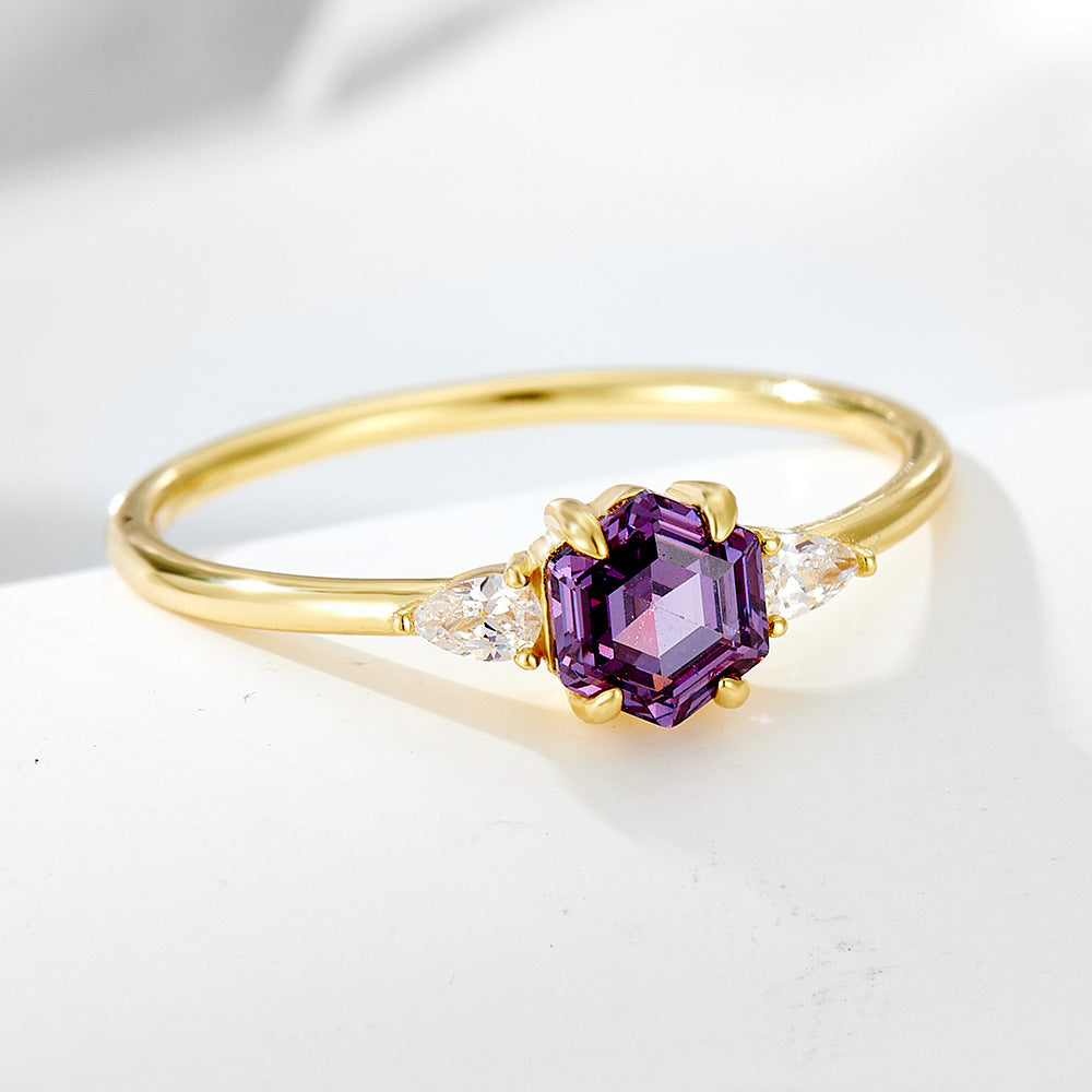 925 Sterling Silver Hexagon Purple Zirconia Ring, Minimalist High-End Geometric Jewelry