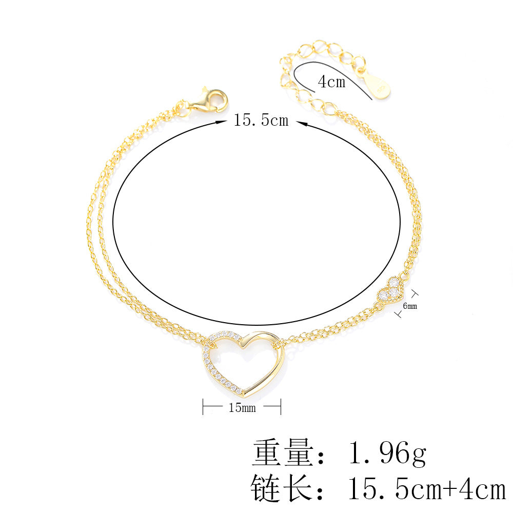 925 Sterling Silver Double-Layer Heart Link Bracelet, Sparkling Zirconia Jewelry