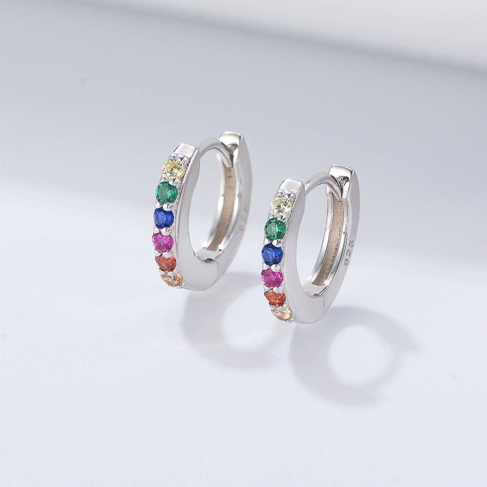 925 Sterling Silver Rainbow Zircon Hoop Earrings, Micro-Pave Colored CZ Huggie Hoops, Hypoallergenic Round Ear Buckles, Dainty Tiny Hoops for Women