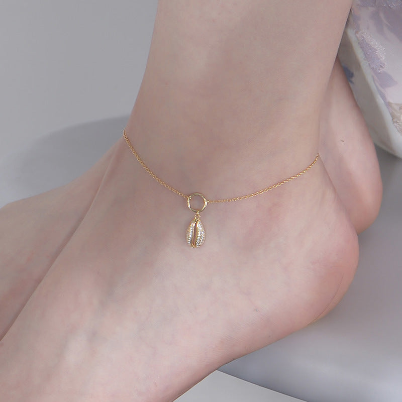 925 Sterling Silver Geometric Shell Pave Zirconia Anklet, Minimalist High-End Beach Jewelry