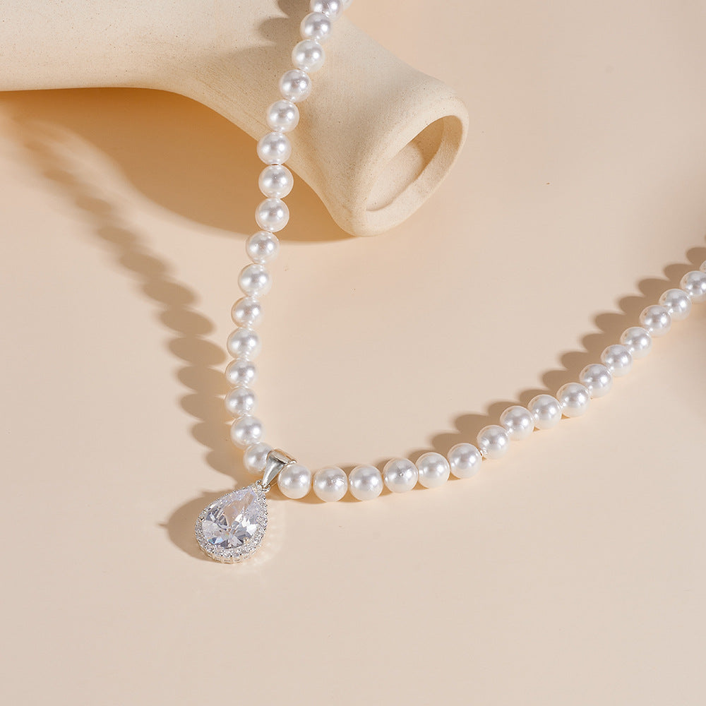 Sterling Silver Dainty Teardrop Charm Pearl Necklace for Women, Modern Chic Aesthetic