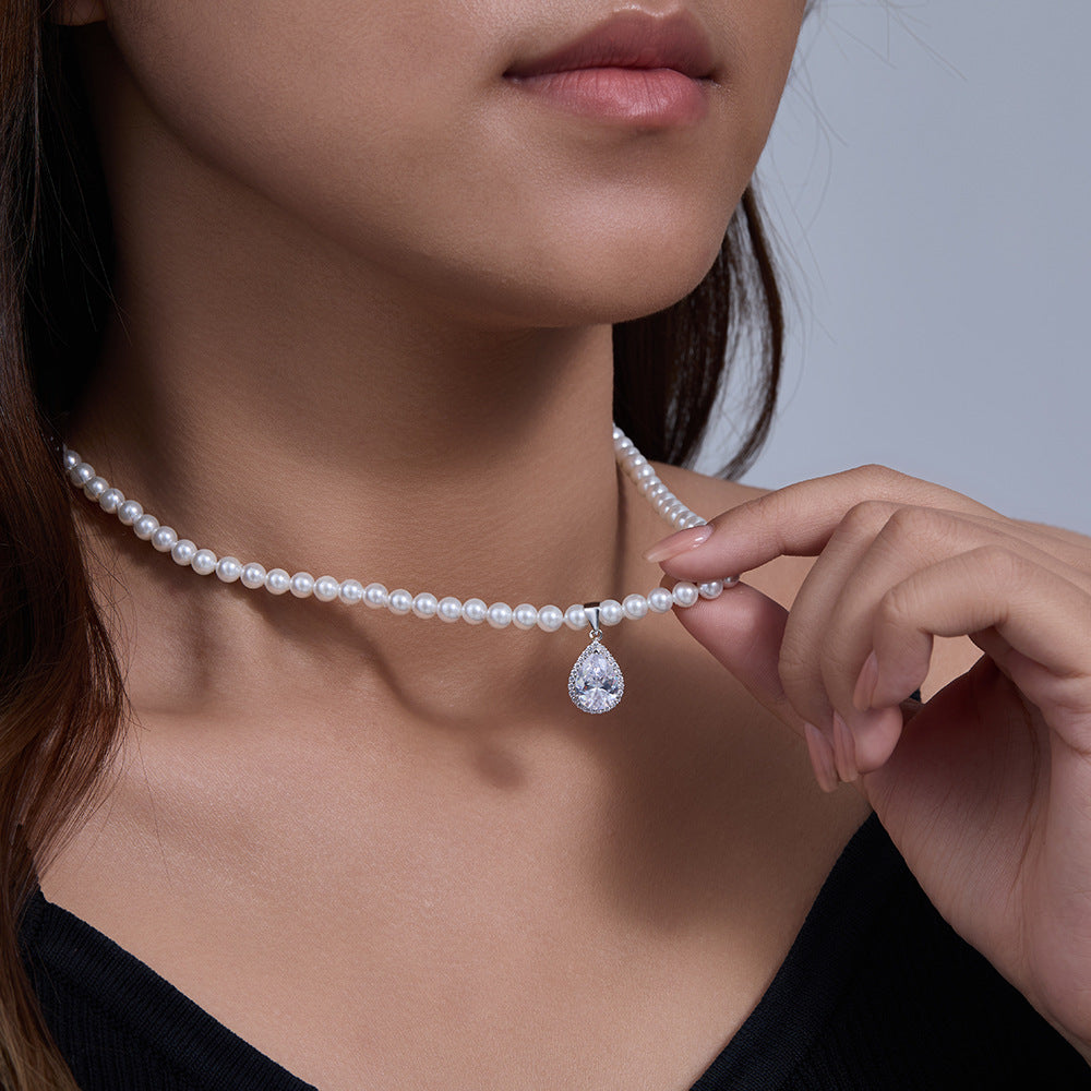 Sterling Silver Dainty Teardrop Charm Pearl Necklace for Women, Modern Chic Aesthetic
