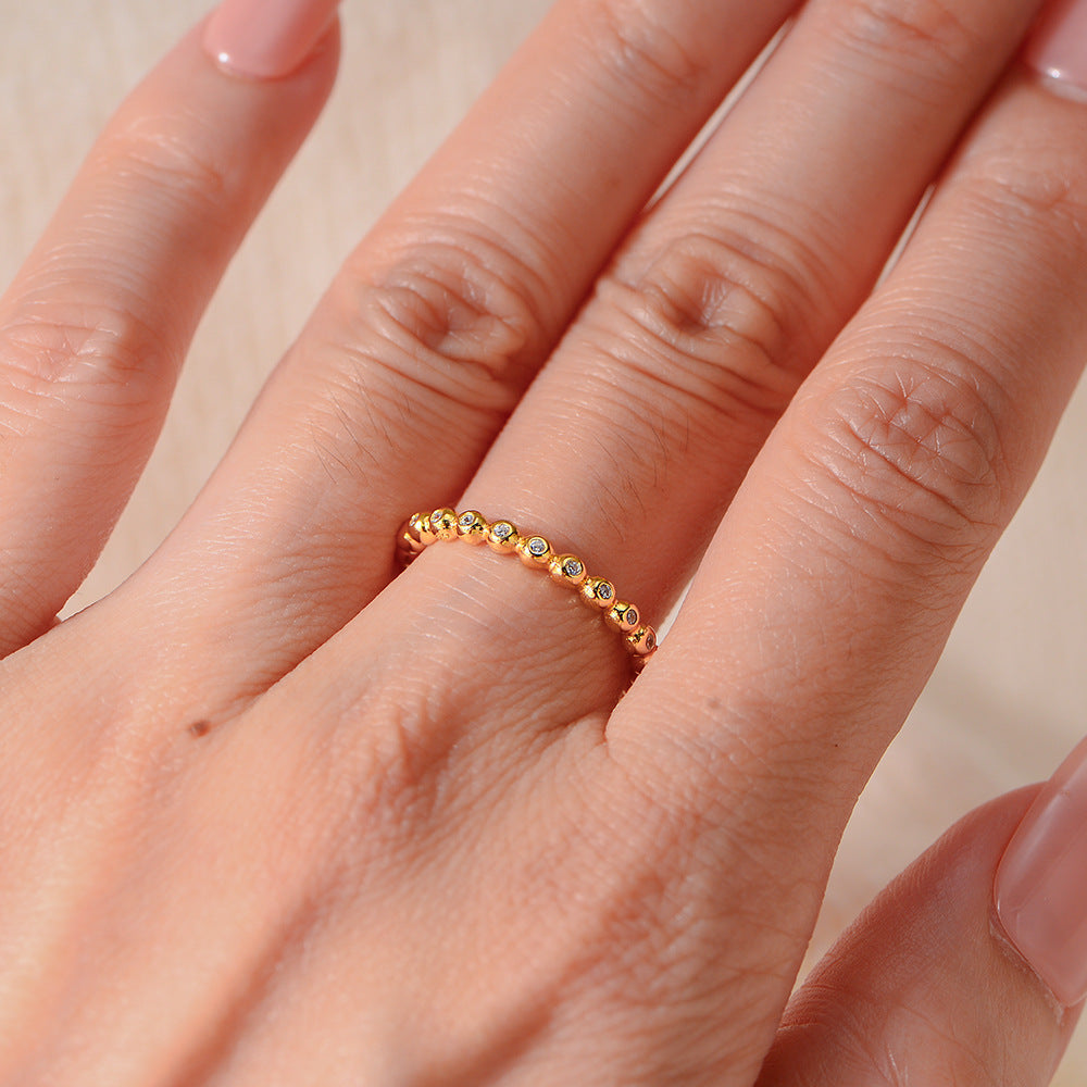 925 Sterling Silver Beaded Zirconia Ring, Minimalist High-End Stackable Jewelry
