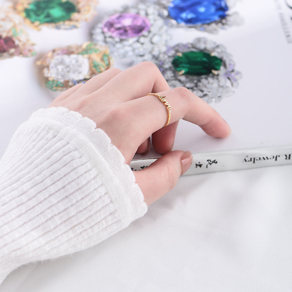 925 Sterling Silver LOVE Letter Ring, Sparkling Zirconia Band